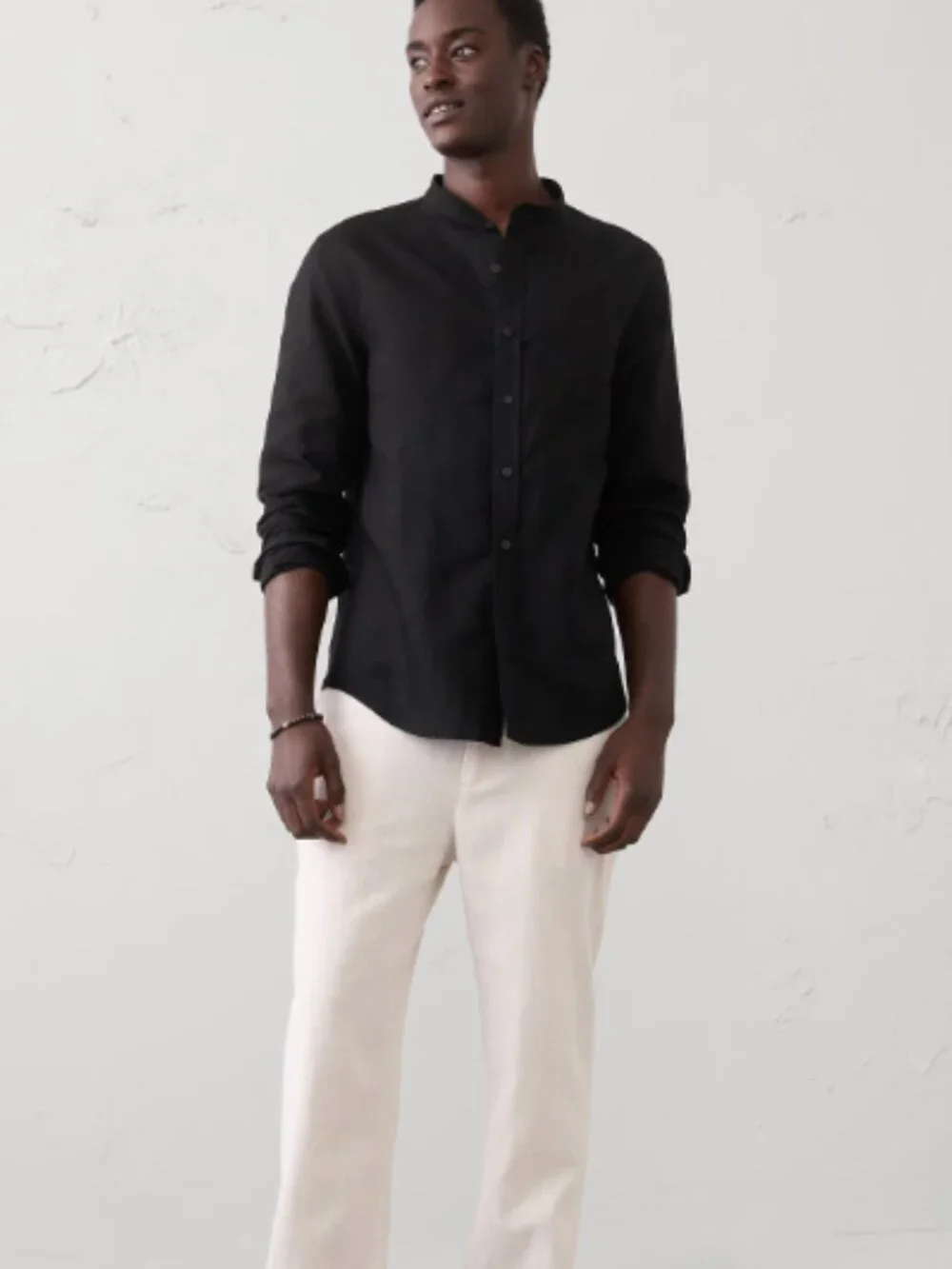 Banana Republic Slim-Fit Linen-Blend Banded Collar Shirt M Black